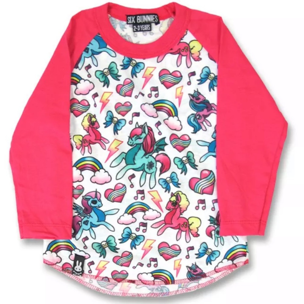 Unicorns Rainbows Kids Tee Raglan Hearts Bows Cute Pink Girls Toddler Shirt 2-3Y